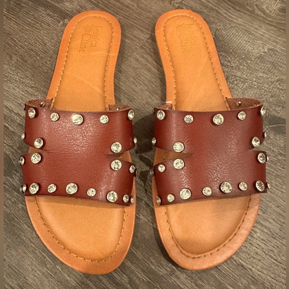 Leather Look Studded Reddish Brown Cut Out Sandals, Fits like a 9, Labeled a 10